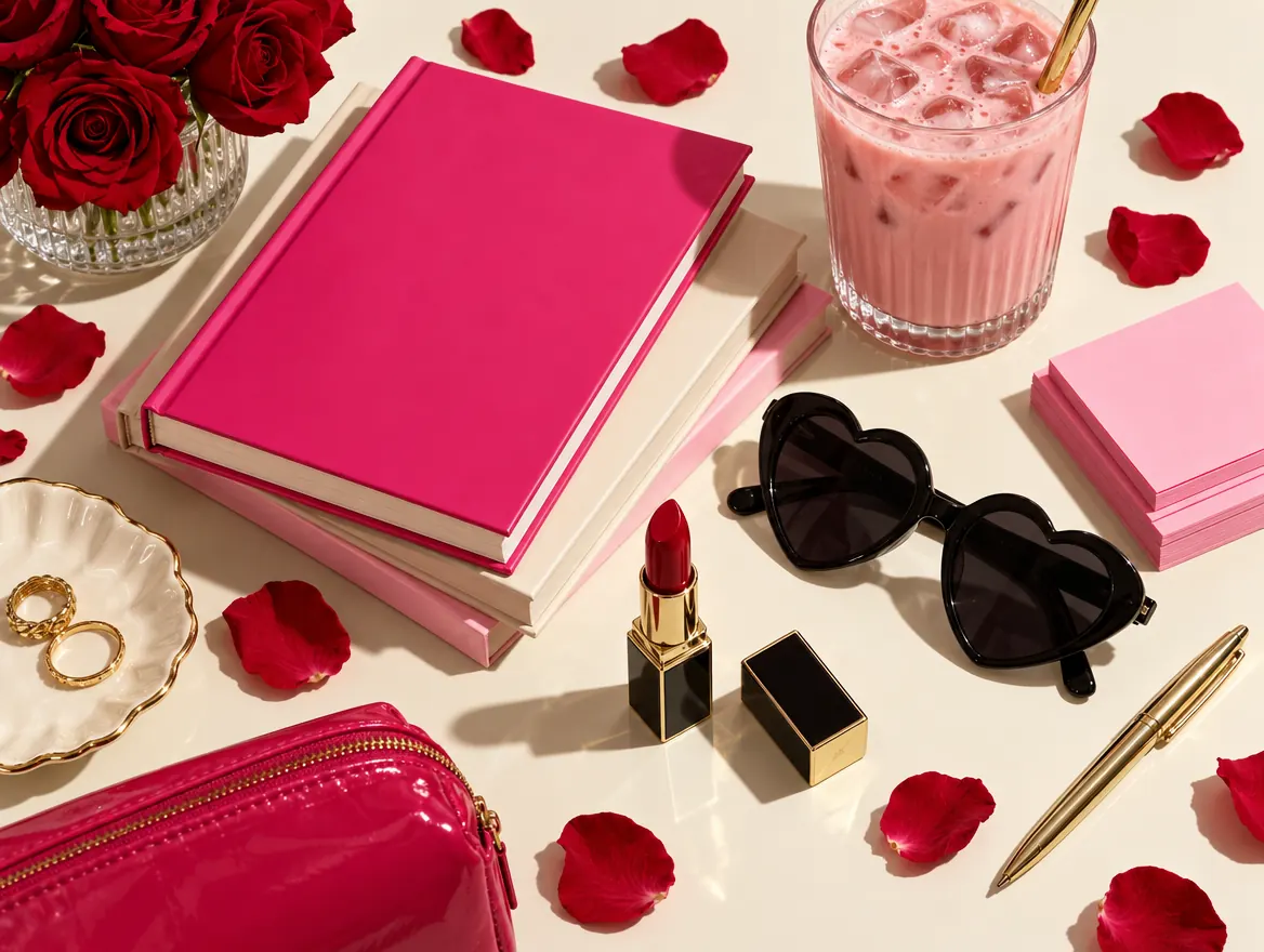 Pink books, a red lipstick and heart-shaped sunglasses on a cream desk