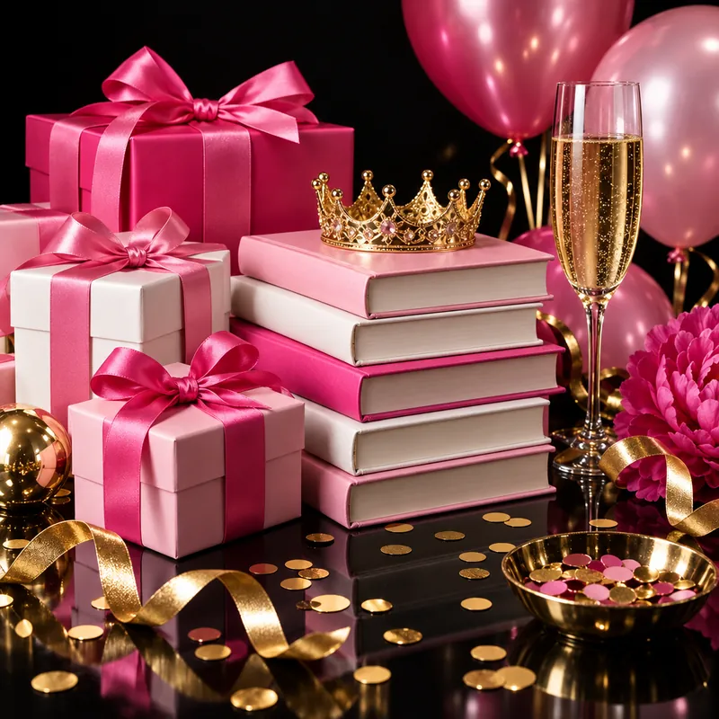 Pink gift boxes, books and a gold crown on a black background