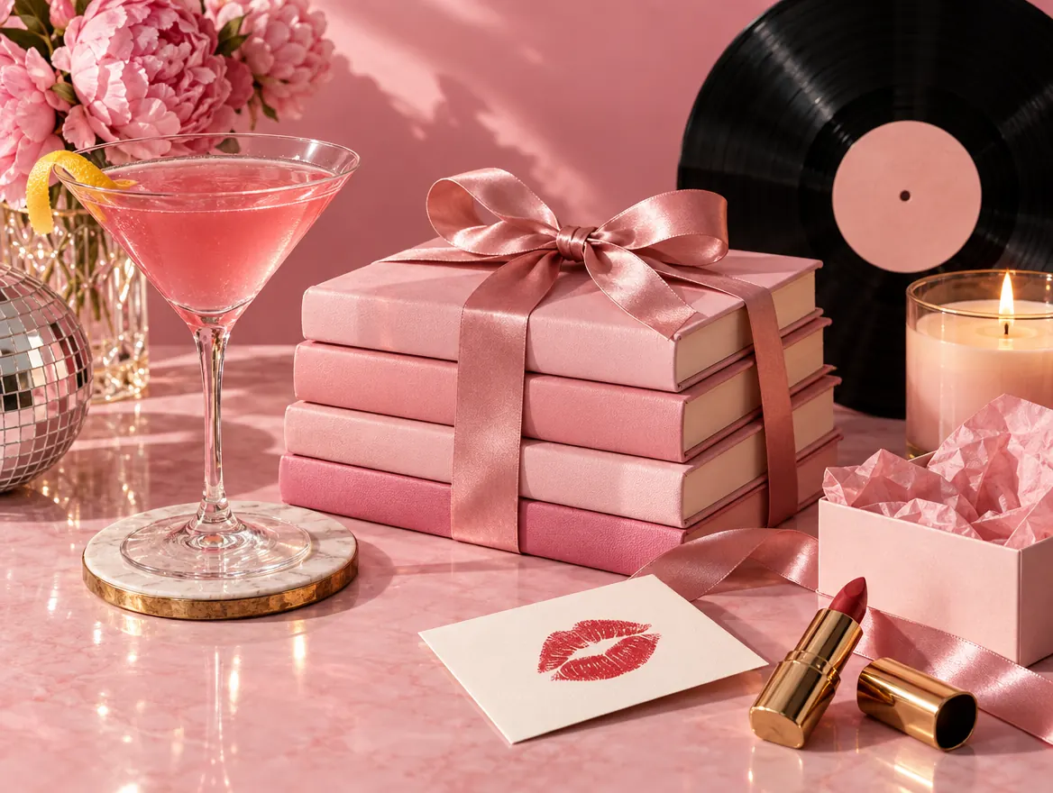 A pink cocktail beside a stack of pink books tied with a ribbon